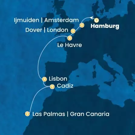 COSTA FAVOLOSA - útvonalterv 10 éjszaka indulás HAMBURG kelt 08/11/2026 - Germany, England, France, Portugal, Spain, Canary Islands