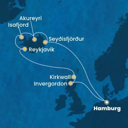 COSTA FAVOLOSA - útvonalterv 11 éjszaka indulás HAMBURG kelt 10/07/2026 - Germany, Iceland, Scotland
