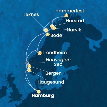 COSTA FAVOLOSA - útvonalterv 13 éjszaka indulás HAMBURG kelt 05/10/2026 - Germany, Norway