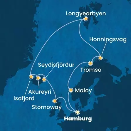 COSTA FAVOLOSA - útvonalterv 16 éjszaka indulás HAMBURG kelt 14/07/2025 - Germany, Scotland, Iceland, Spitzbergen, Norway
