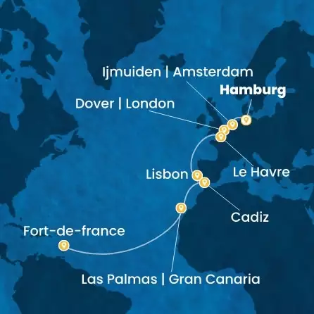 COSTA FAVOLOSA - útvonalterv 16 éjszaka indulás HAMBURG kelt 08/11/2026 - Germany, England, France, Portugal, Spain, Canary Islands, Antilles
