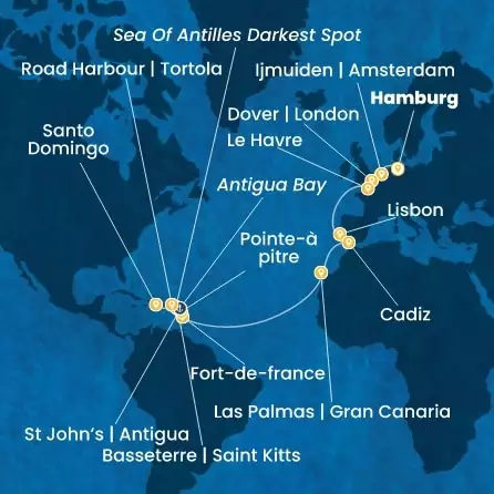 COSTA FAVOLOSA - útvonalterv 21 éjszaka indulás HAMBURG kelt 08/11/2026 - Germany, England, France, Portugal, Spain, Canary Islands, Antilles, Virgin Islands