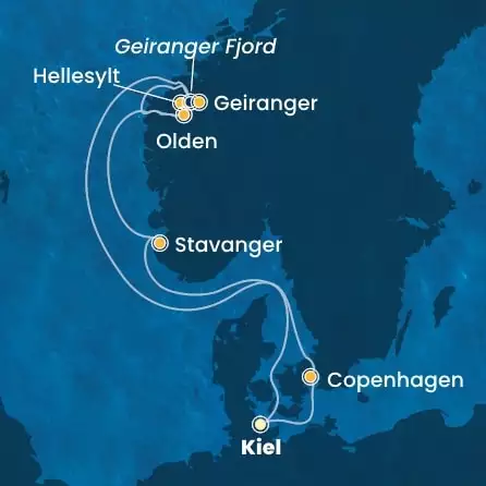 COSTA DIADEMA - útvonalterv 6 éjszaka indulás KIEL kelt 04/09/2026 - Germany, Denmark, Norway