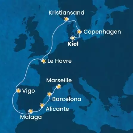 COSTA DIADEMA - útvonalterv 10 éjszaka indulás KIEL kelt 11/09/2026 - Germany, Denmark, Norway, France, Spain