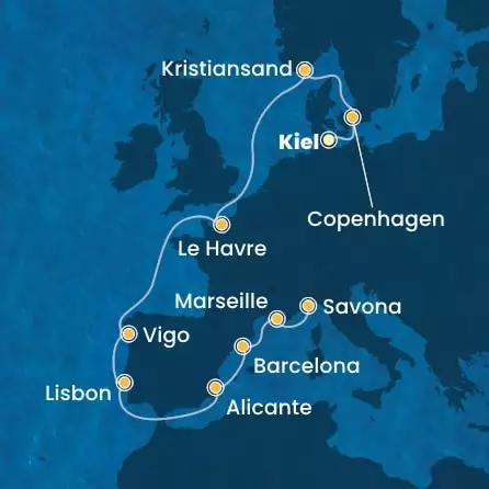 COSTA DIADEMA - útvonalterv 11 éjszaka indulás KIEL kelt 12/09/2025 - Germany, Denmark, Norway, France, Spain, Portugal, Italy
