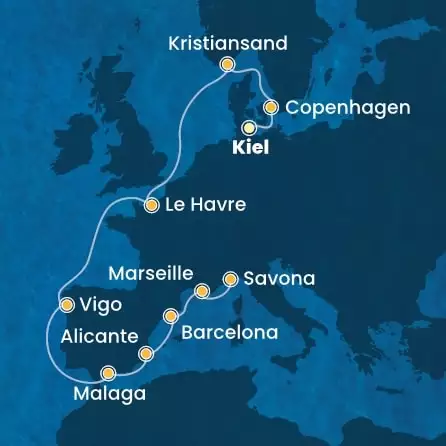 COSTA DIADEMA - útvonalterv 11 éjszaka indulás KIEL kelt 11/09/2026 - Germany, Denmark, Norway, France, Spain, Italy