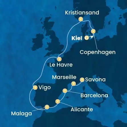 COSTA DIADEMA - útvonalterv 11 éjszaka indulás KIEL kelt 11/09/2026 - Germany, Denmark, Norway, France, Spain, Italy
