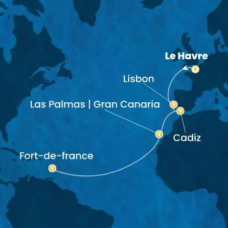 COSTA FAVOLOSA - útvonalterv 12 éjszaka indulás LE HAVRE kelt 12/11/2026 - France, Portugal, Spain, Canary Islands, Antilles
