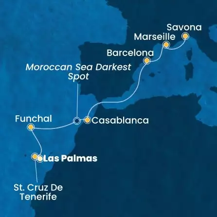 COSTA FORTUNA - útvonalterv 7 éjszaka indulás LAS PALMAS kelt 10/04/2026 - Canary Islands, Madeira , Morocco, Spain, France, Italy