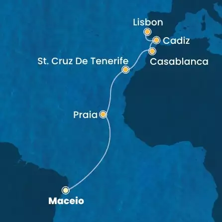COSTA DIADEMA - útvonalterv 11 éjszaka indulás MACEIO kelt 24/04/2026 - Brazil, Canary Islands, Morocco, Spain, Portugal