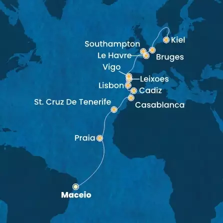 COSTA DIADEMA - útvonalterv 20 éjszaka indulás MACEIO kelt 24/04/2026 - Brazil, Canary Islands, Morocco, Spain, Portugal, France, England, Belgium, Germany
