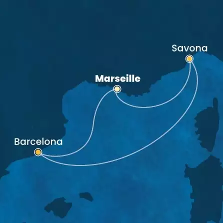 COSTA FASCINOSA - útvonalterv 2 éjszaka indulás MARSEILLES kelt 09/04/2025 - France, Italy, Spain