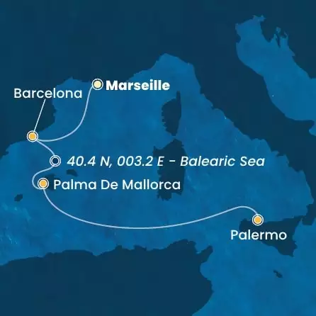 COSTA TOSCANA - útvonalterv 3 éjszaka indulás MARSEILLES kelt 02/02/2025 - France, Spain, Balearic Islands, Italy