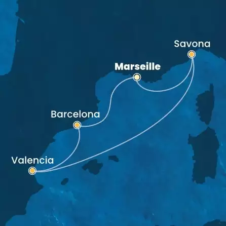 COSTA FASCINOSA - útvonalterv 4 éjszaka indulás MARSEILLES kelt 12/04/2025 - France, Italy, Spain