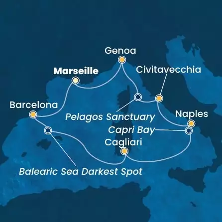 COSTA SMERALDA - útvonalterv 6 éjszaka indulás MARSEILLES kelt 19/07/2025 - France, Spain, Italy
