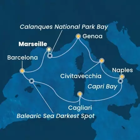 COSTA TOSCANA - útvonalterv 6 éjszaka indulás MARSEILLES kelt 16/05/2026 - France, Spain, Italy