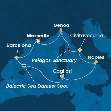 COSTA SMERALDA - útvonalterv 6 éjszaka indulás MARSEILLES kelt 15/11/2025 - France, Spain, Italy