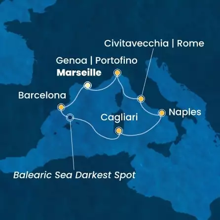 COSTA TOSCANA - útvonalterv 6 éjszaka indulás MARSEILLES kelt 21/03/2026 - France, Spain, Italy