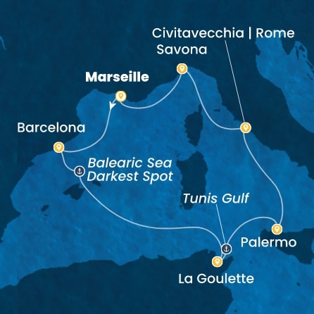 COSTA SMERALDA - útvonalterv 6 éjszaka indulás MARSEILLES kelt 26/04/2026 - France, Spain, Tunisia, Italy