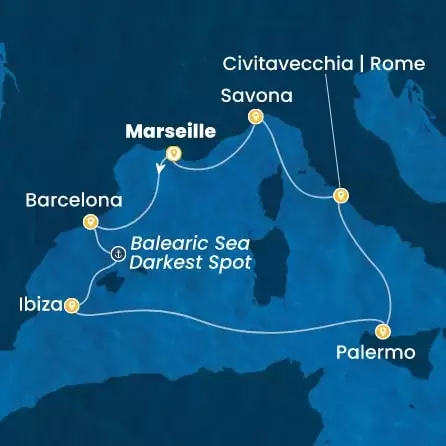 COSTA SMERALDA - útvonalterv 6 éjszaka indulás MARSEILLES kelt 13/09/2026 - France, Spain, Balearic Islands, Italy