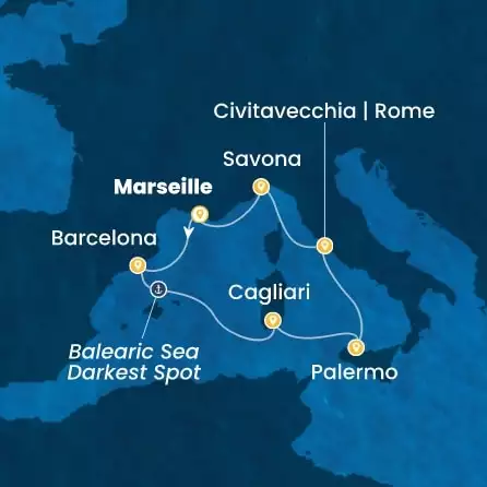 COSTA SMERALDA - útvonalterv 6 éjszaka indulás MARSEILLES kelt 11/10/2026 - France, Spain, Italy