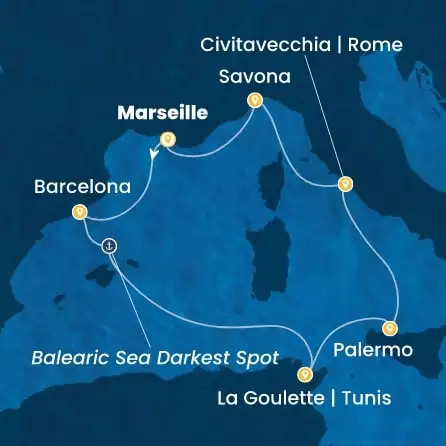 COSTA PACIFICA - útvonalterv 6 éjszaka indulás MARSEILLES kelt 19/10/2026 - France, Spain, Tunisia, Italy