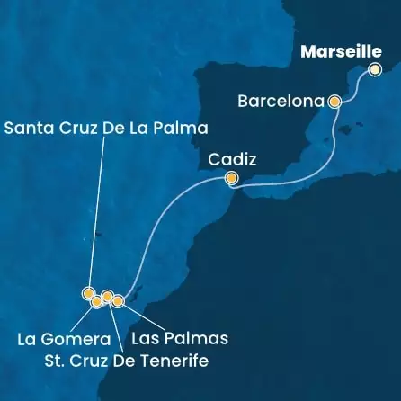 COSTA FORTUNA - útvonalterv 7 éjszaka indulás MARSEILLES kelt 14/12/2025 - France, Spain, Canary Islands