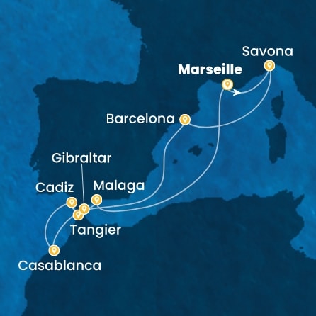 COSTA DIADEMA - útvonalterv 9 éjszaka indulás MARSEILLES kelt 07/10/2026 - France, Italy, Spain, Morocco, Gibraltar