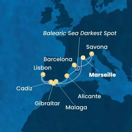 COSTA DIADEMA - útvonalterv 10 éjszaka indulás MARSEILLES kelt 01/10/2027 - France, Italy, Spain, Portugal, Gibraltar
