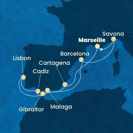 COSTA DIADEMA - útvonalterv 10 éjszaka indulás MARSEILLES kelt 17/10/2026 - France, Italy, Spain, Portugal, Gibraltar
