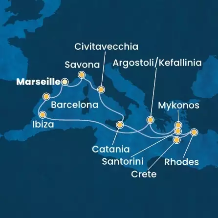 COSTA FASCINOSA - útvonalterv 13 éjszaka indulás MARSEILLES kelt 17/05/2025 - France, Italy, Greece, Balearic Islands, Spain