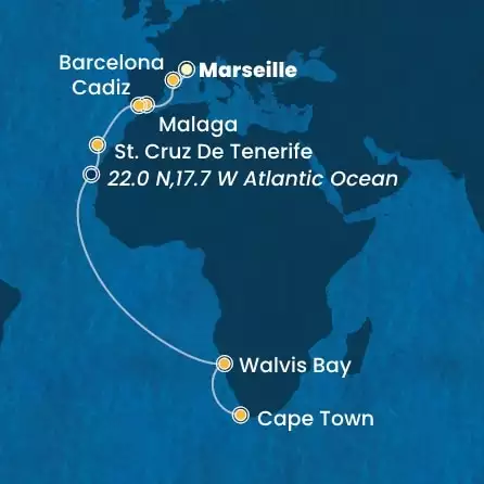 COSTA TOSCANA - útvonalterv 18 éjszaka indulás MARSEILLES kelt 14/11/2025 - France, Spain, Canary Islands, Namibia, South Africa