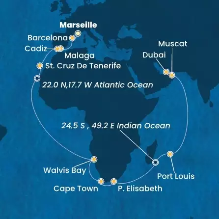 COSTA TOSCANA - útvonalterv 35 éjszaka indulás MARSEILLES kelt 14/11/2025 - France, Spain, Canary Islands, Namibia, South Africa, Mauritius, Oman, United Arab Emirates