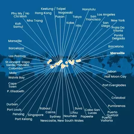 COSTA DELIZIOSA - útvonalterv 135 éjszaka indulás MARSEILLES kelt 26/11/2026 - France, Spain, Portugal, The Azores, United States, Florida (USA), Mexico, USA, Hawaii, Polynesia, Fiji, Australia, Japan