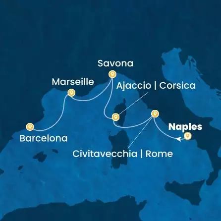 COSTA FASCINOSA - útvonalterv 4 éjszaka indulás NAPLES kelt 17/09/2026 - Italy, Corsica (France), France, Spain