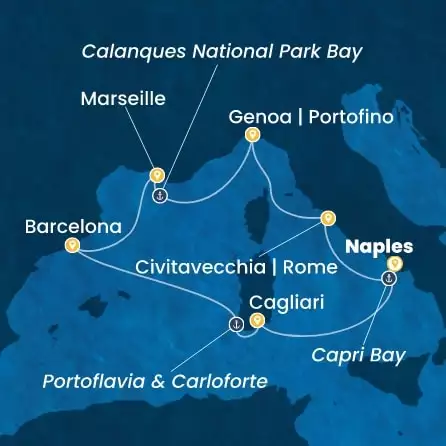 COSTA SMERALDA - útvonalterv 7 éjszaka indulás NAPLES kelt 18/08/2027 - Italy, France, Spain
