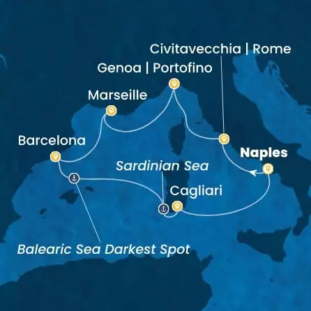 COSTA SMERALDA - útvonalterv 6 éjszaka indulás NAPLES kelt 22/09/2027 - Italy, France, Spain