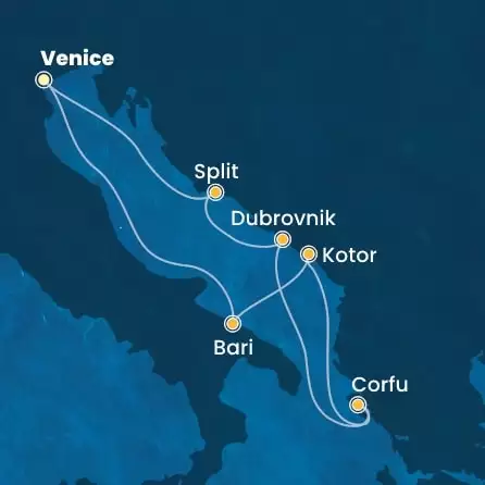 COSTA DELIZIOSA - útvonalterv 6 éjszaka indulás Venice (Marghera) kelt 09/05/2026 - Italy, Montenegro, Greece, Croatia