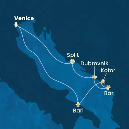 COSTA DELIZIOSA - útvonalterv 6 éjszaka indulás Venice (Marghera) kelt 18/04/2026 - Italy, Montenegro, Croatia