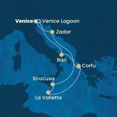 COSTA DELIZIOSA - útvonalterv 6 éjszaka indulás Venice (Marghera) kelt 16/05/2026 - Italy, Greece, Malta