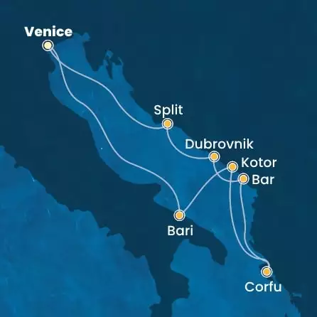 COSTA DELIZIOSA - útvonalterv 6 éjszaka indulás Venice (Marghera) kelt 25/04/2026 - Italy, Montenegro, Greece, Croatia