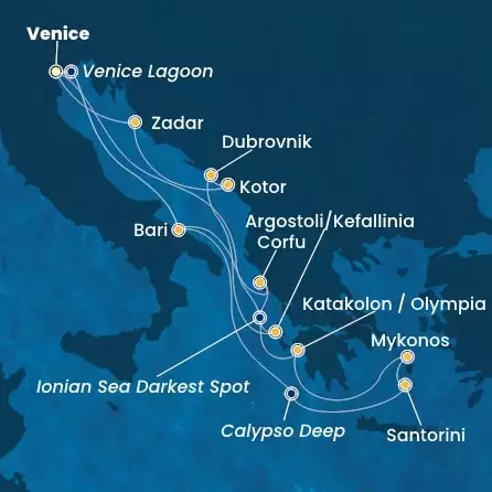 COSTA DELIZIOSA - útvonalterv 13 éjszaka indulás Venice (Marghera) kelt 30/05/2026 - Italy, Greece, Croatia, Montenegro
