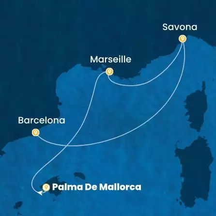 COSTA DIADEMA - útvonalterv 2 éjszaka indulás PALMA DE MALLORCA kelt 25/09/2026 - Balearic Islands, France, Italy, Spain