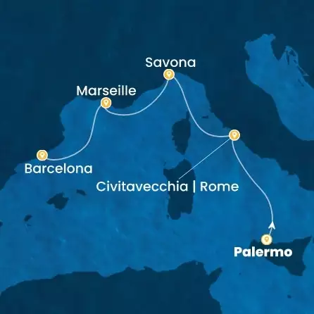 COSTA SMERALDA - útvonalterv 3 éjszaka indulás PALERMO kelt 01/10/2026 - Italy, France, Spain