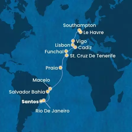 COSTA DIADEMA - útvonalterv 21 éjszaka indulás SANTOS kelt 20/04/2025 - Brazil, Canary Islands, Madeira , Spain, Portugal, France, England