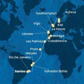 Brazil, Canary Islands, Morocco, Spain, Portugal, France, England, Denmark, Germany
