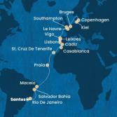 Brazil, Canary Islands, Morocco, Spain, Portugal, France, England, Belgium, Germany, Denmark