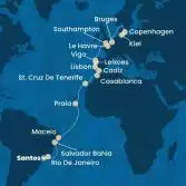 Brazil, Canary Islands, Morocco, Spain, Portugal, France, England, Belgium, Germany, Denmark