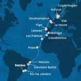 Brazil, Canary Islands, Morocco, Spain, Portugal, France, England, Denmark, Germany