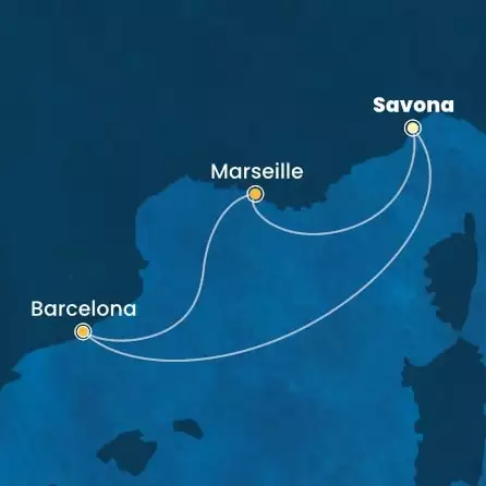COSTA FORTUNA - útvonalterv 3 éjszaka indulás SAVONA kelt 15/11/2025 - Italy, Spain, France